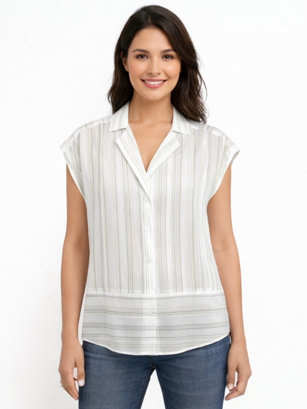 Halogen Women's Salted Lime White Striped Semi Sheer Top Size Large